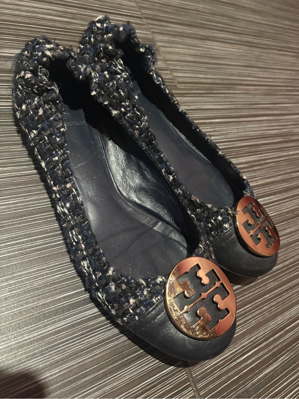 Tory Birch-Navy Leather and Tweed Ballet Flats with Gold Logo Medallion